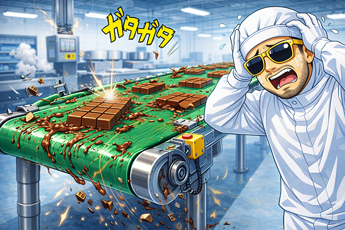 チョコレートが取れないまま動かし続けガタつくベルトコンベア